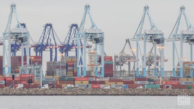 Image shows container cranes and containers dockside at the Port of Los Angeles.