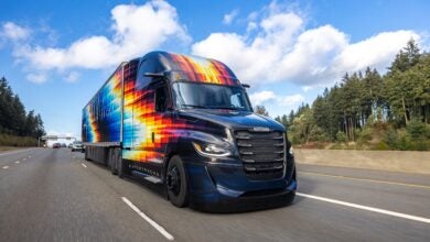 Colorfully wrapped Freightliner Cascadia on highway