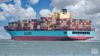 Image shows Maersk container ship in the ocean.