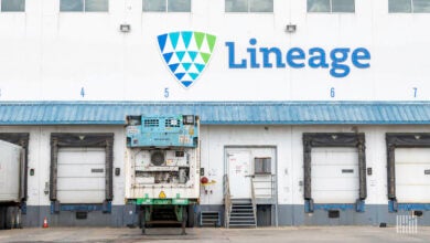 A refrigerated trailer docked at a Lineage warehouse