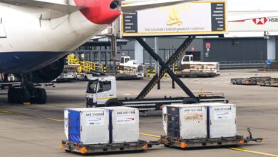 Containers pulled on carts behind the tail of a large jetliner.