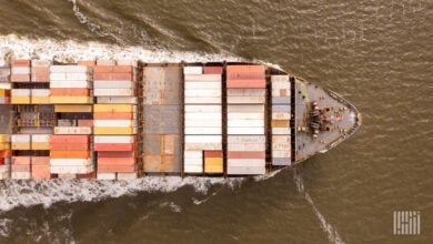 An above view of a loaded ocean container vessel