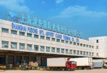 Front facade of Shanghai Pudong International Air Cargo Terminal.