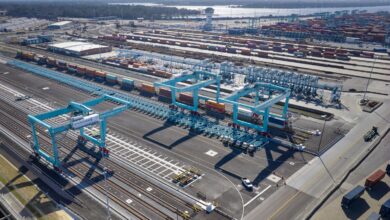 Image shows container cranes, double stack trains and containers at the Port of Virginia's Central Rail Yard.