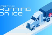 Blue Truck on a sheet of ice over a blue background and Running on Ice Logo