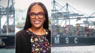 Images shows young woman of color on a background of container and cranes and a ship.