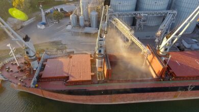 a photo of grain loading; canal restrictions are changing trade flows