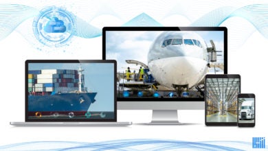 Composite image of truck, plane, ship and warehouse