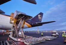 Close up of tail end of UPS cargo jet being loaded from rear door.